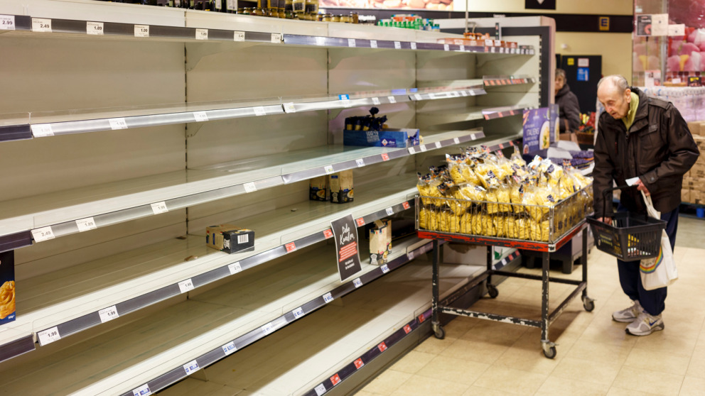 Empty shelves in a supermarket in Berlin: By mid-March pasta had become a rarity across Germany. 